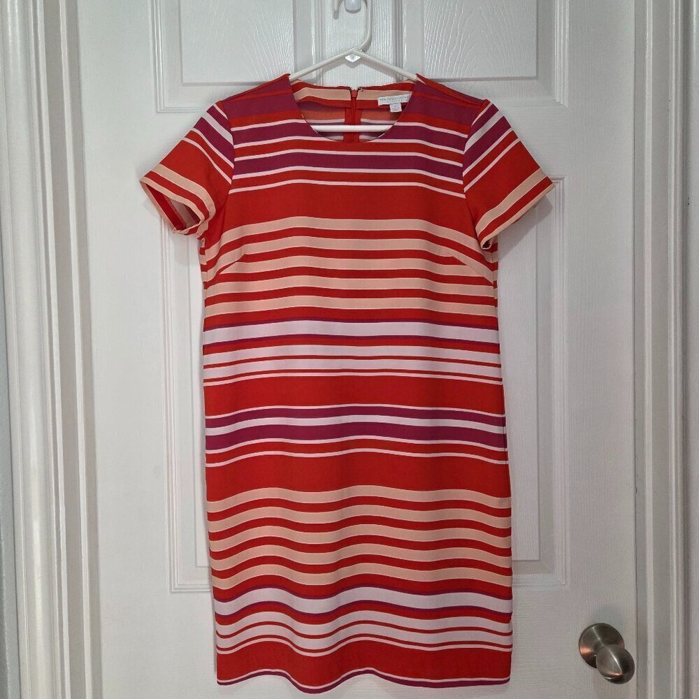 New York & Company Stretch Red White Purple Stripe Short Sleeve Dress Size XS